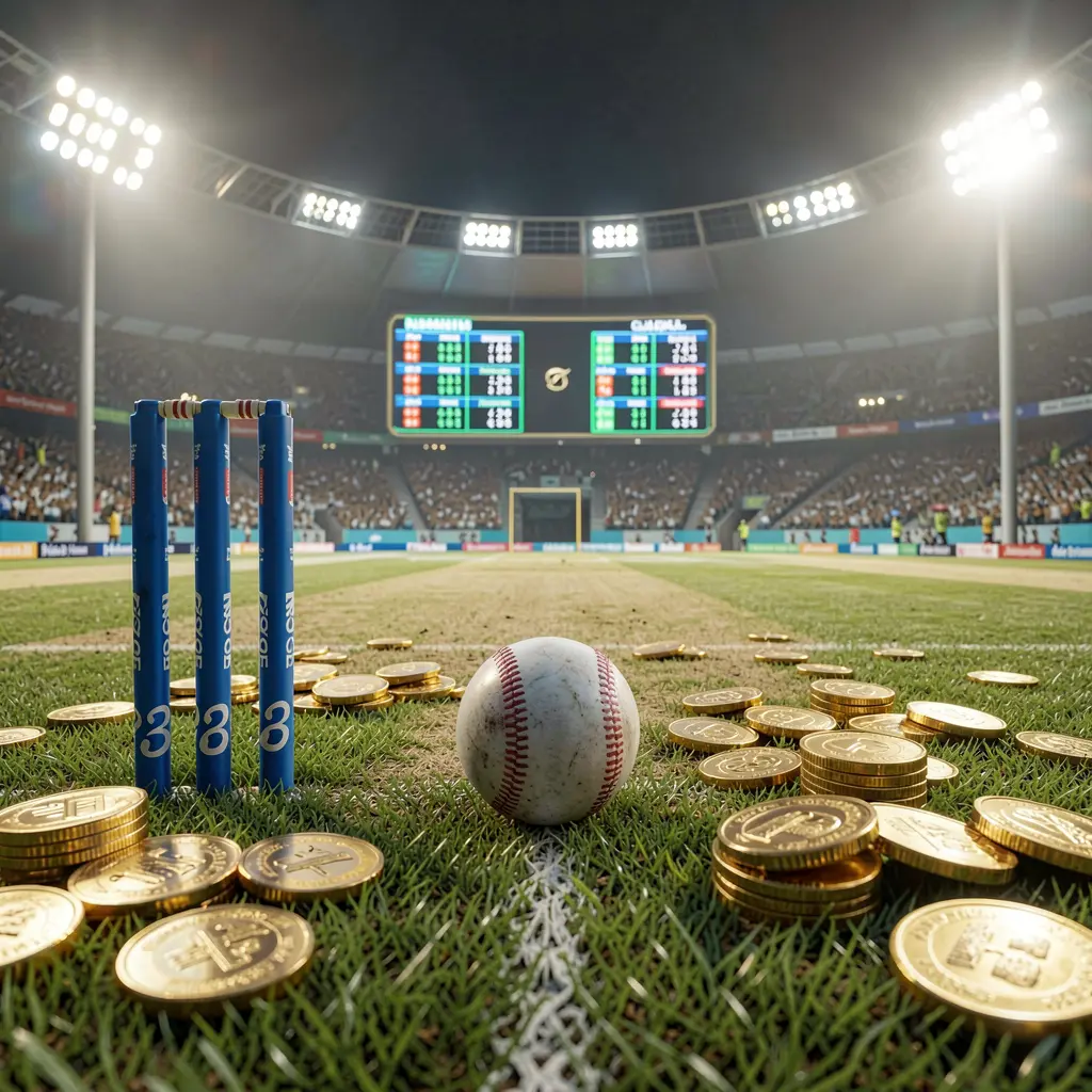 Adegan taruhan kriket langsung SPN88 yang menampilkan lapangan kriket di bawah lampu stadion terang dengan wicket, bola, koin emas, dan panel peluang bercahaya dalam render realistis sinematik