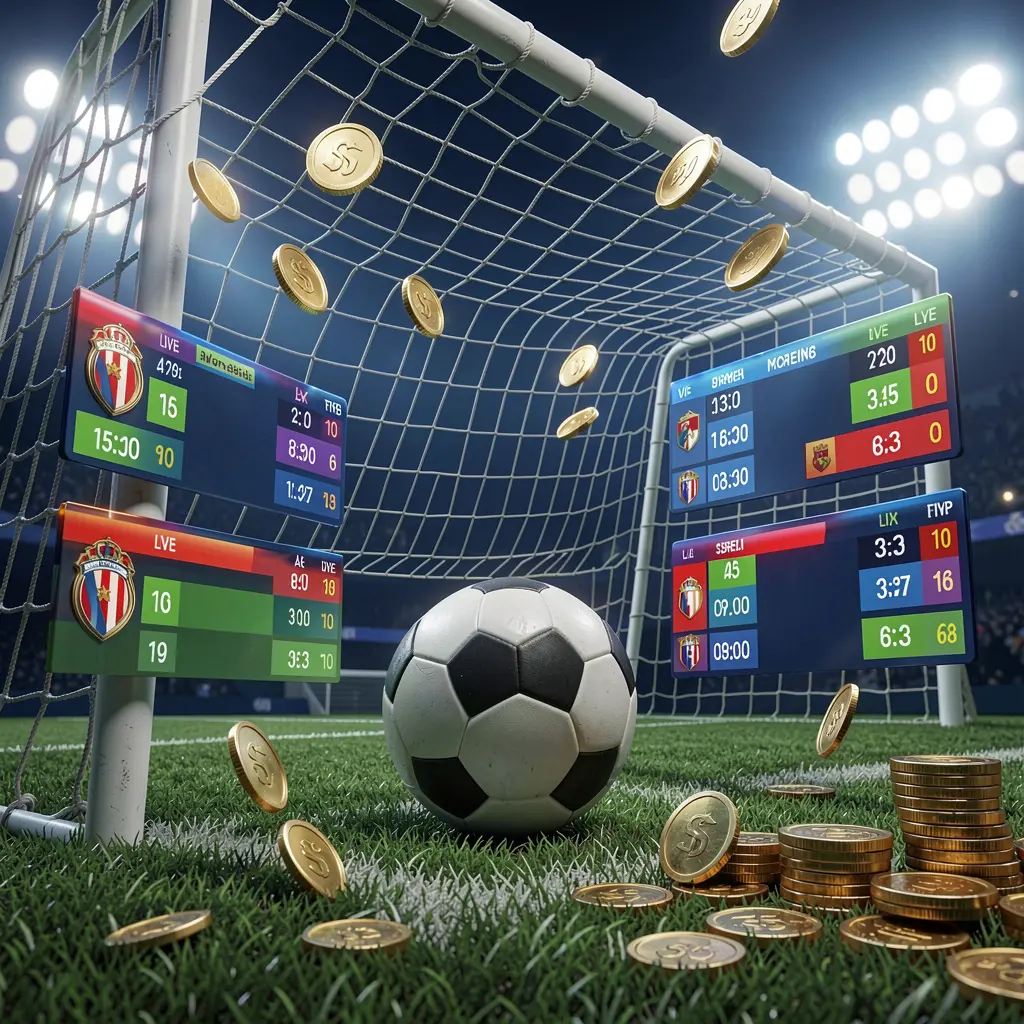 Render 3D realistis dari jaring gawang sepak bola dengan bola sepak, lampu stadion, koin, dan panel skor langsung melayang di latar belakang biru gelap, mewakili taruhan olahraga SPN88