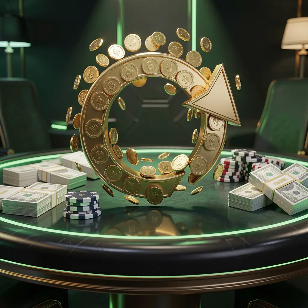 Visual bonus uang kembali kasino SPN88 yang menampilkan koin emas kembali dalam gerakan panah melingkar dengan chip poker dan bundel uang tunai di atas meja gelap mengilap, disorot oleh aksen hijau dan emas bercahaya dalam gaya kasino daring premium dengan pencahayaan sinematik Visual bonus uang kembali kasino SPN88 yang menampilkan koin emas kembali dalam gerakan panah melingkar dengan chip poker dan bundel uang tunai di atas meja gelap mengilap, disorot oleh aksen hijau dan emas bercahaya dalam gaya kasino daring premium dengan pencahayaan sinematik