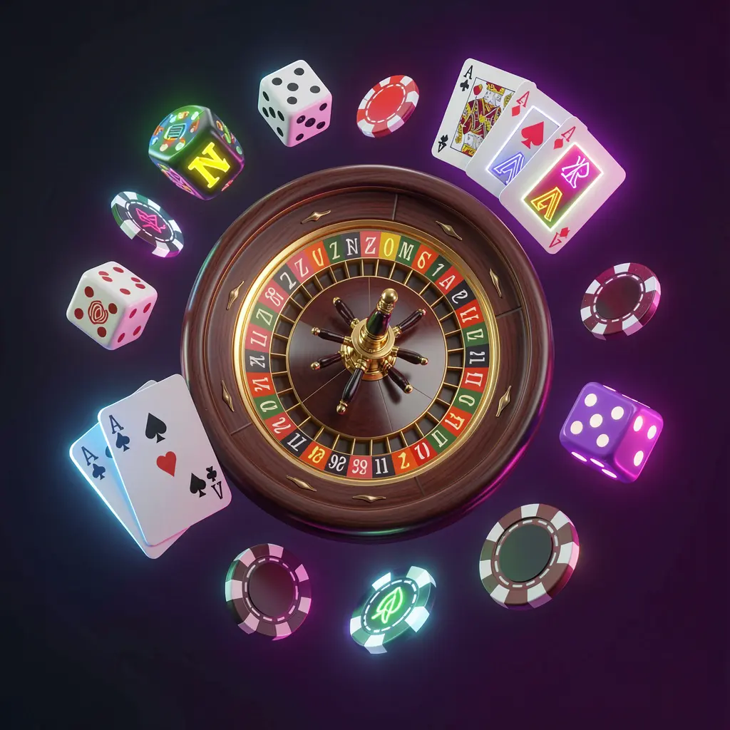 Koleksi permainan kasino daring SPN88 yang menampilkan roda roulette 3D neon bercahaya, kartu blackjack, dadu, simbol slot, dan chip poker melayang bersama