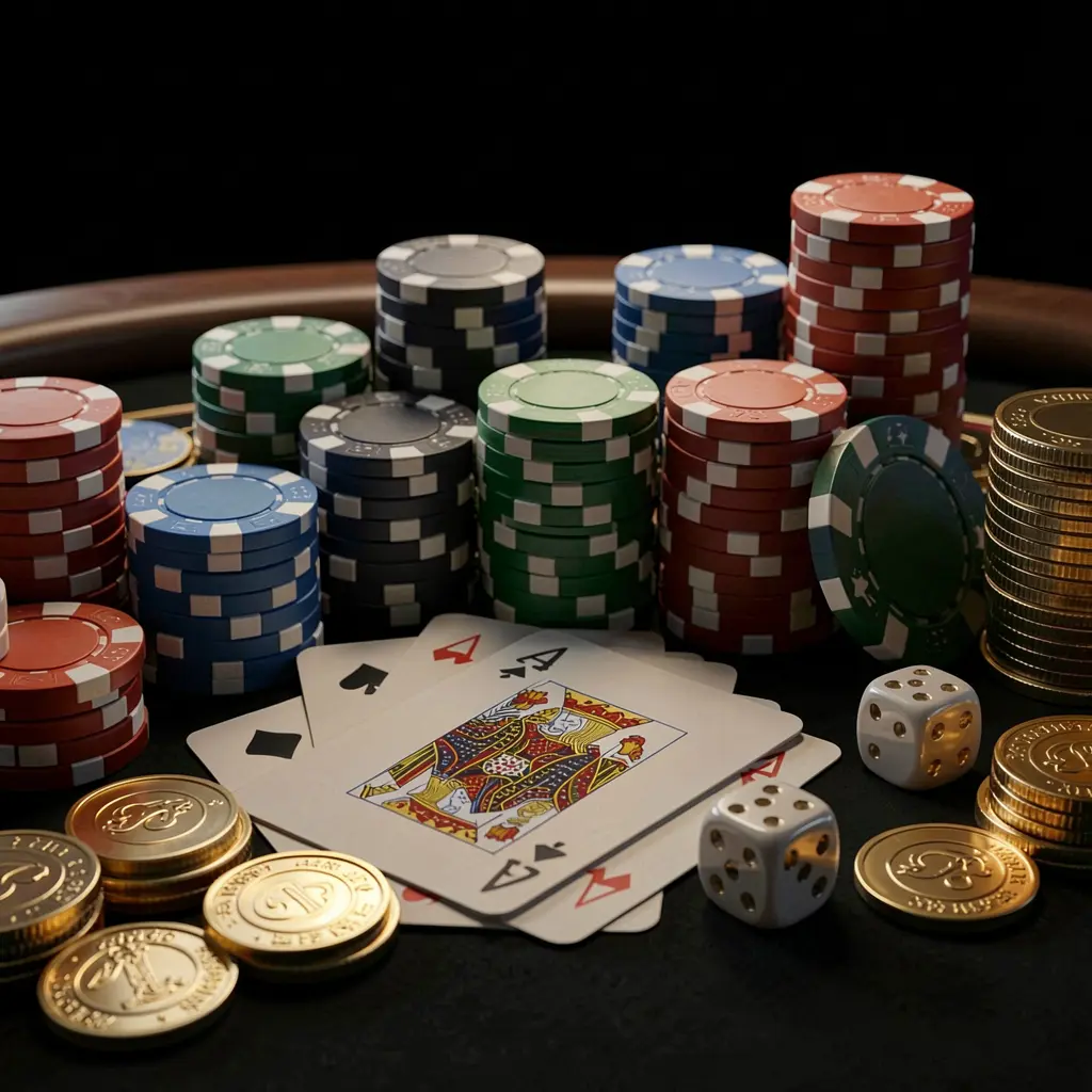Tampilan dekat meja kasino SPN88 yang elegan dengan chip poker, kartu remi, dadu, dan koin emas di atas latar belakang hitam mewah dengan pencahayaan sinematik lembut