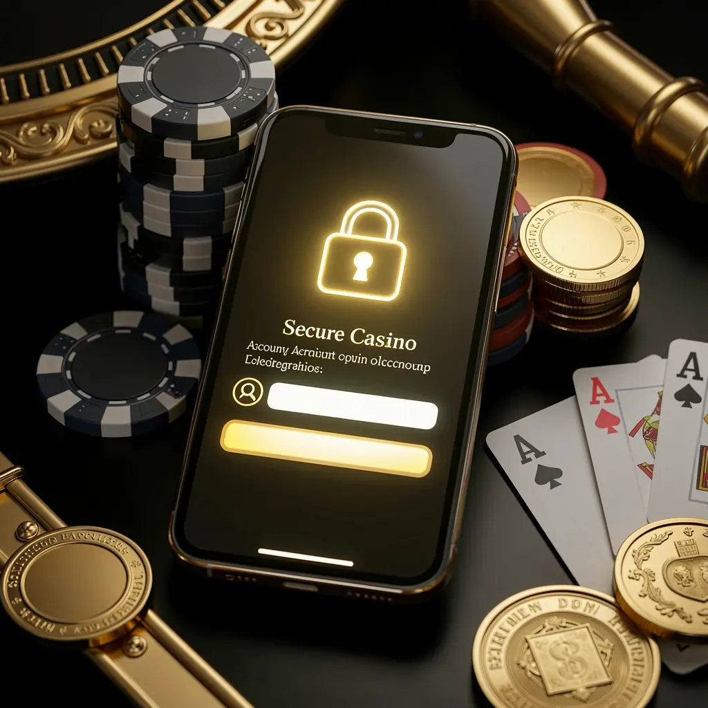 Konsep masuk akun kasino aman SPN88 dengan ikon gembok bercahaya di layar ponsel pintar, chip poker, kartu remi, dan koin emas di latar belakang hitam dan emas yang elegan