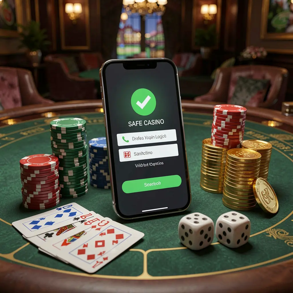 Konsep masuk kasino aman SPN88 yang menampilkan ponsel pintar dengan ikon tanda centang verifikasi yang dikelilingi chip poker, kartu remi, dadu, dan koin emas di atas meja kasino mewah elegan dalam render 3D realistis