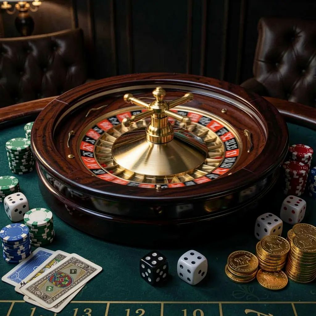 Adegan beranda kasino premium SPN88 yang menampilkan roda roulette berputar di atas meja mengilap yang dikelilingi chip poker, dadu, kartu, dan koin emas dengan latar belakang gelap elegan serta pencahayaan sinematik Adegan beranda kasino premium SPN88 yang menampilkan roda roulette berputar di atas meja mengilap yang dikelilingi chip poker, dadu, kartu, dan koin emas dengan latar belakang gelap elegan serta pencahayaan sinematik